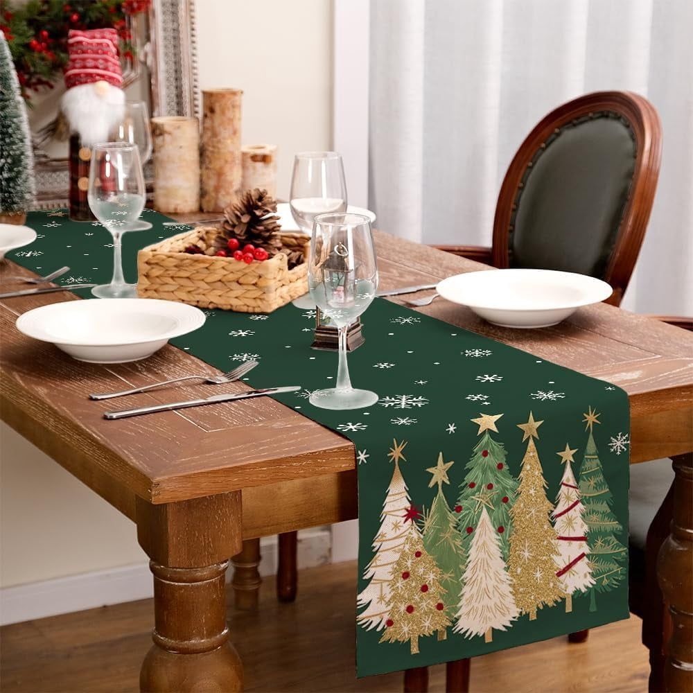 Christmas Table Runner 13x72 Inch, Xmas Trees Snowflakes Holiday Decorative Farmhouse Table Decoration for Kitchen Dinning, Indoor Outdoor Dinner Party Decor