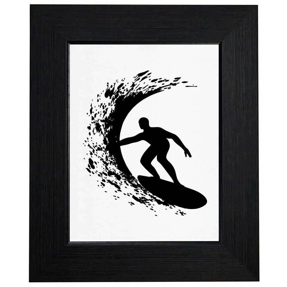Trendy Surfer Surfing Big Wave Tube Stencil Drawing Framed Print Poster