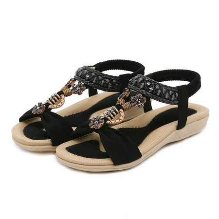 

Aayomet Sandals Women Summer Women Casual Open Toe Flat Rhinestone Flowers Comfortable Soft Bottom Breathable Elastic Band Shoes Black 6.5