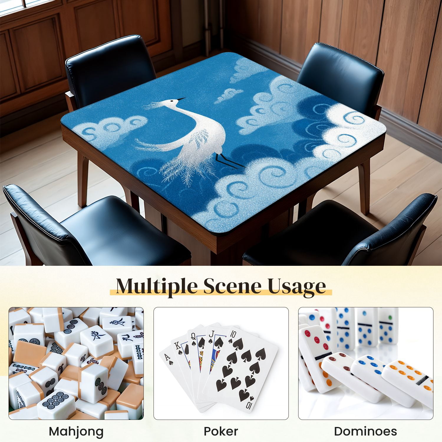 Chinoiserie Mahjong Mat 31.5" x 31.5" Symmetrical Crane Amid Swirling Clouds Non-Slip Noise Reduction Mahjong Tiles Table Cover for Dominoes Poker Card Board and Tile Games