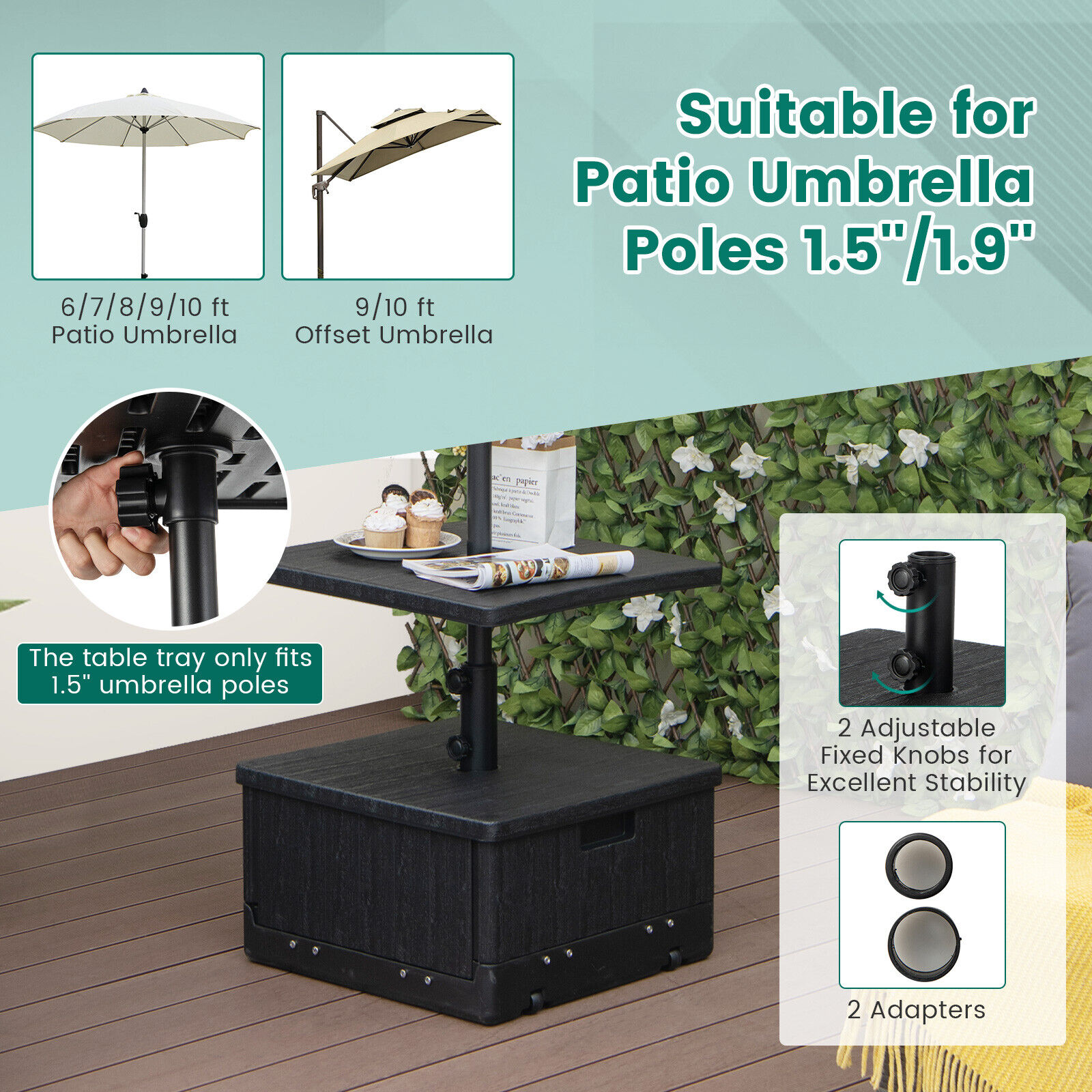 Amijoy 175 LBS Outdoor Fillable Umbrella Base w/ Table Tray, Weighted Bag, Wheel, Handle, 3-in-1 Coffee End Table Planter Box Umbrella Stand