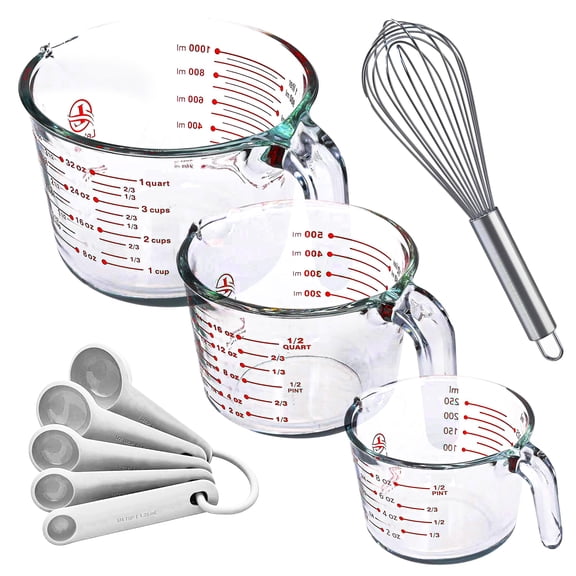 Set Of 3 Glass Measuring Cups With Spoons & Whisk - Kitchen Mixing Bowl Liquid Measure Cup  Bakeware. 1 2 4 Cup. Multi Size Clear