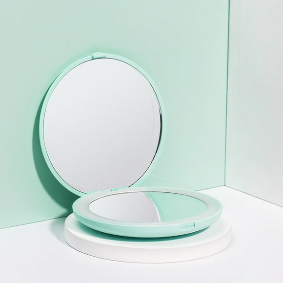 wobsion LED Lighted Travel Makeup Mirror, 1x/10x Magnification Compact Mirror, Portable for Handbag, Purse, Pocket, 3.5 inch Illuminated Folding Mirror, Handheld 2-Sided Mirror, Round, Cyan