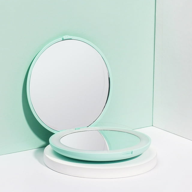 wobsion LED Lighted Travel Makeup Mirror, 1x/10x Magnification Compact Mirror, Portable for Handbag, Purse, Pocket, 3.5 inch Illuminated Folding Mirror, Handheld 2-Sided Mirror, Round, Cyan