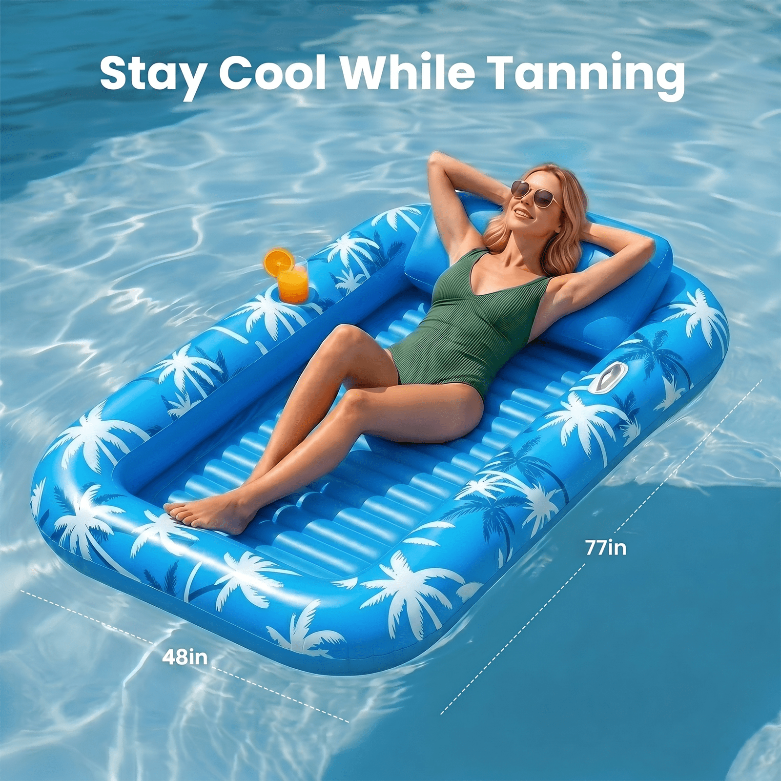 Inflatable Tanning Pool Lounger Extra-Wide with Integrated Cooling Sprinkler – 77" x 48" Sunbathing Float & Personal Soak Tub for Adults, Heavy Duty 6-in-1 Water Oasis for Backyard & Poolside
