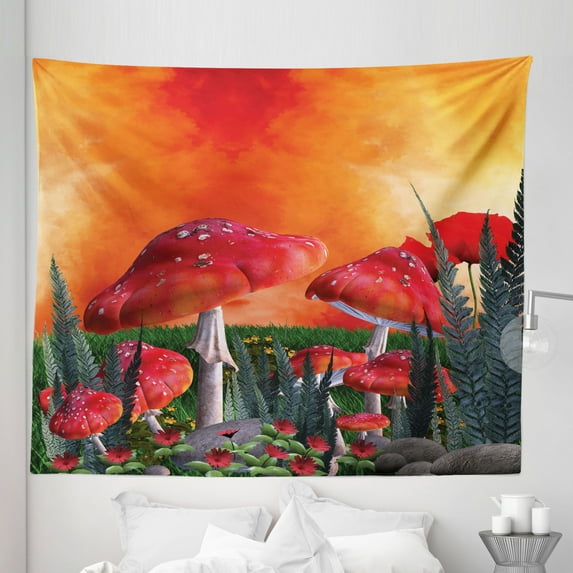 Mushroom Tapestry, Mushrooms Magic Place Imaginary Clouds Clipart Leaves Poppies Spellbound, Fabric Wall Hanging Decor for Bedroom Living Room Dorm, 5 Sizes, Orange Red Taupe, by Ambesonne