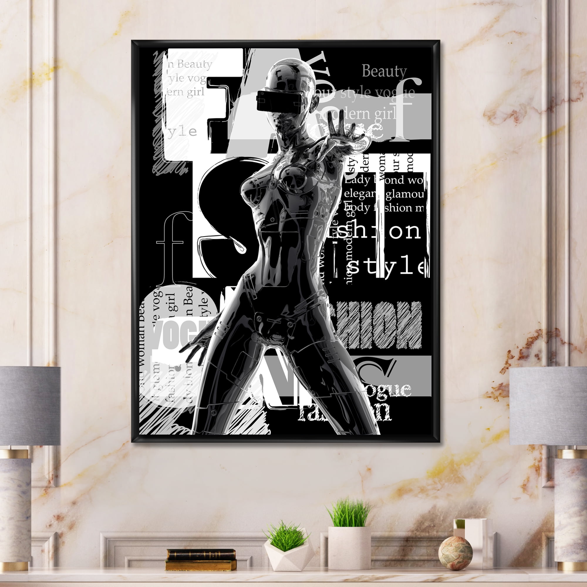Designart 'Black and White Cyborg Body II' Modern Framed Canvas Wall Art Print