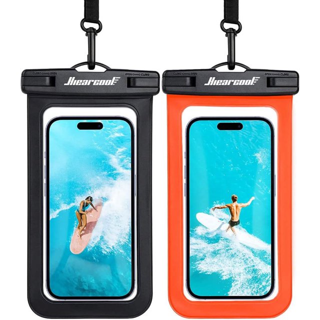 Funda impermeable para teléfono Hiearcool, funda impermeable para teléfono, funda impermeable para teléfono celular, accesorios de playa para iPhone (negro y naranja, paquete de 2)