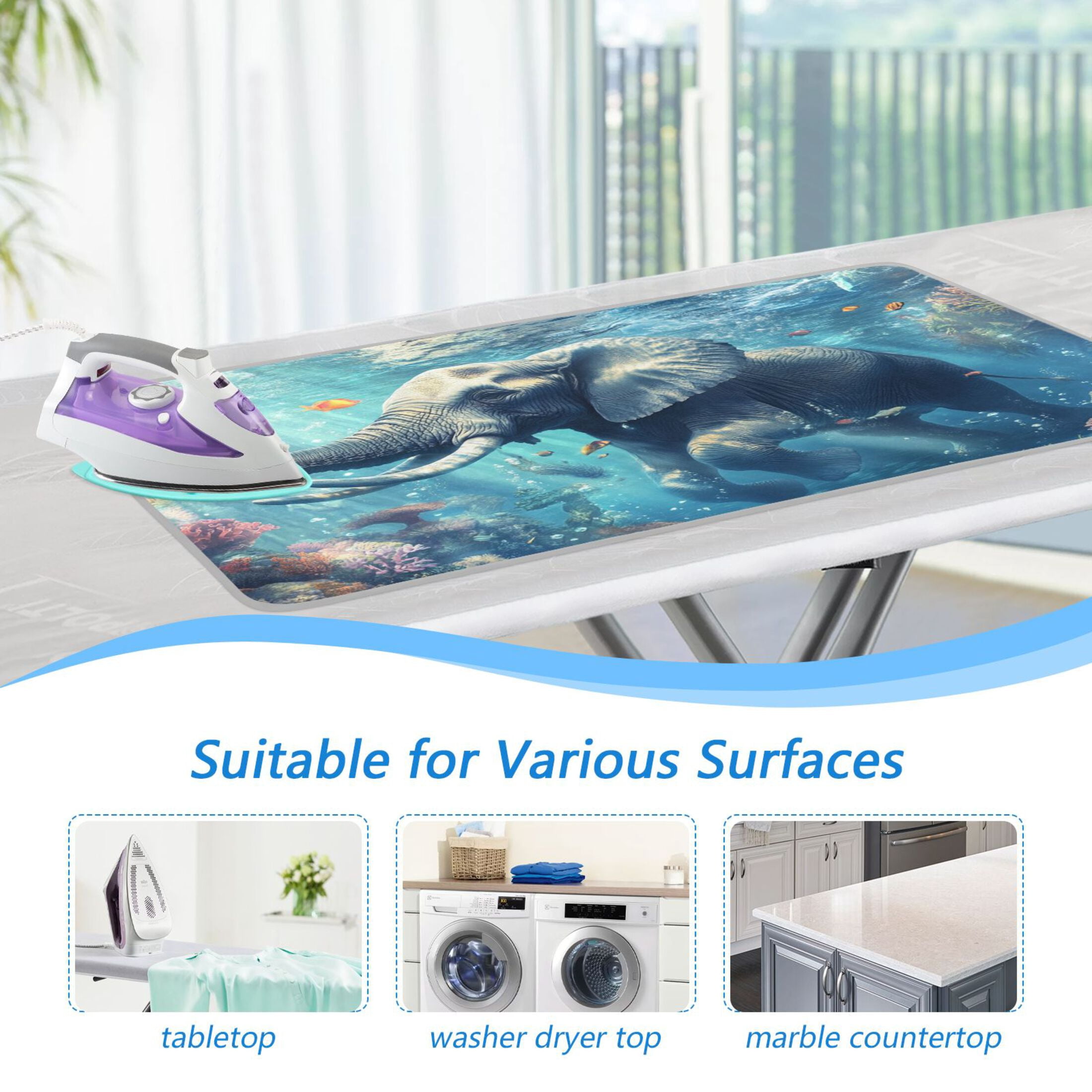 Elephant Swimming under Sea Ironing Mat Blanket Portable Travel Ironing Pad Heat Resistant Pad 47.2" x 27.6”