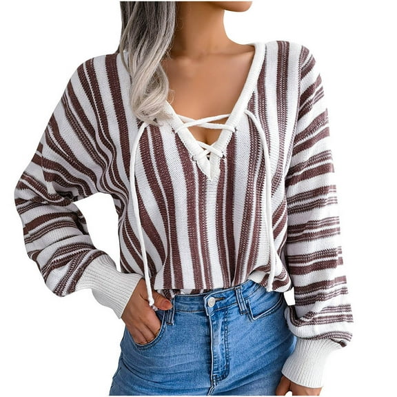 Womens Fall Fashion 2022! QLEICOM Sweaters for Women, Women's Fashion Autumn Winter Long Sleeve Stripe Contrasting Lantern Sleeve V-Neck Sweater Tops On Clearance