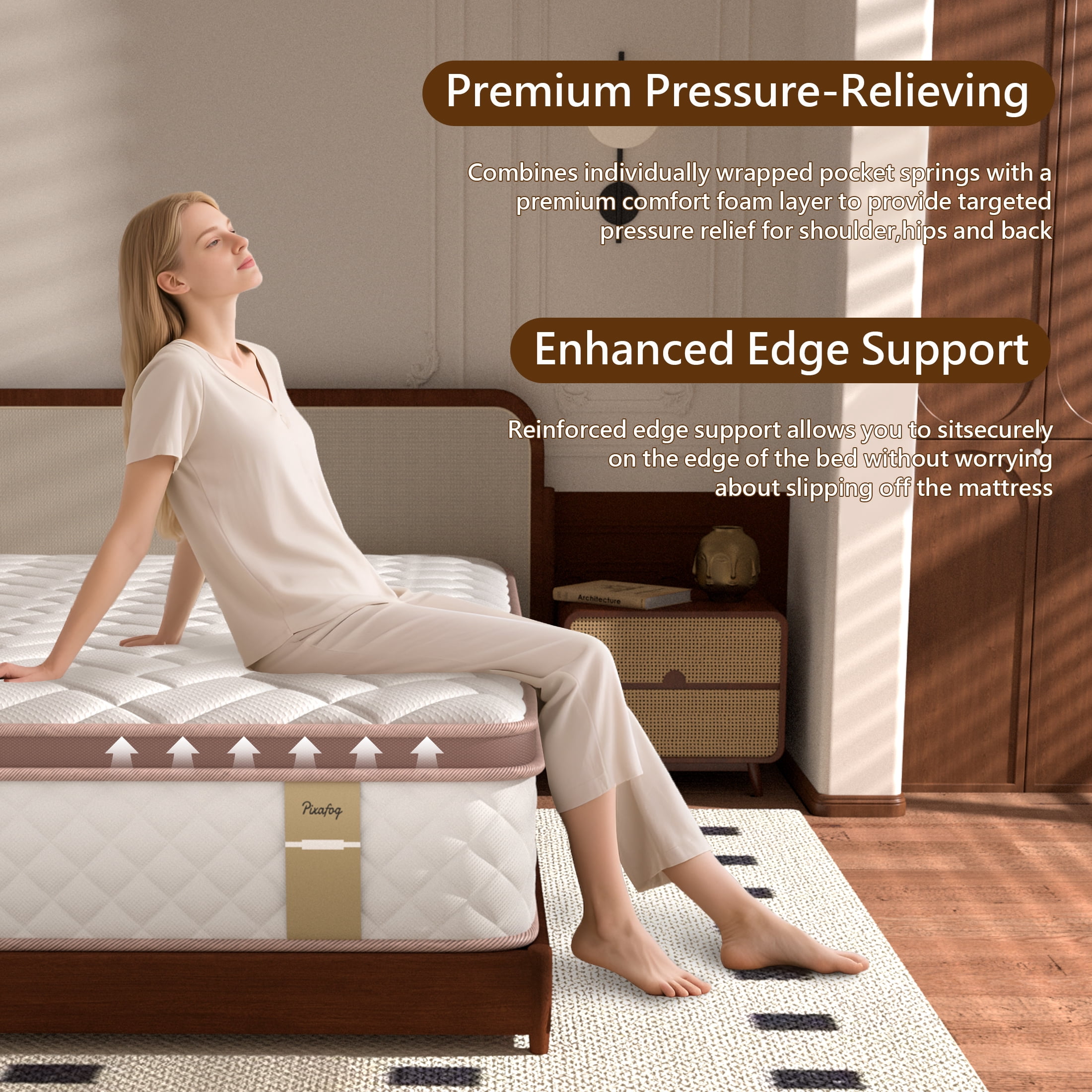 Pixafog Queen Hybrid Mattress in a Box 14 inch,Memory Foam & Pocket Spring Mattresses,Fiberglass-free & CertiPUR-US Bed Mattress