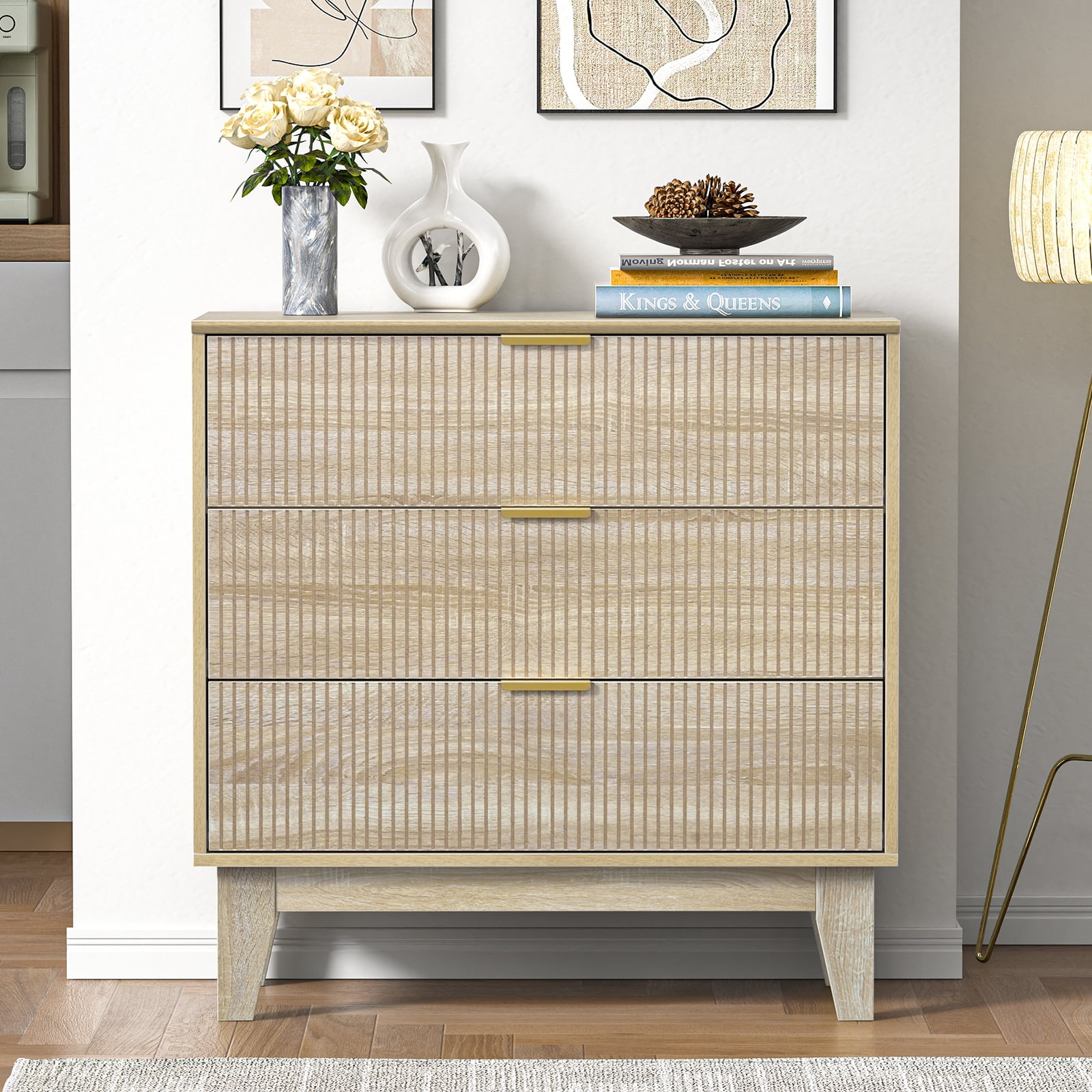 Eumyviv 3 Drawer Dresser Chest of Drawers for Bedroom,  Mid Century Modern Wood Oak Closet Storage Dresser Suitable for Living Room, Nursery, and Hallway