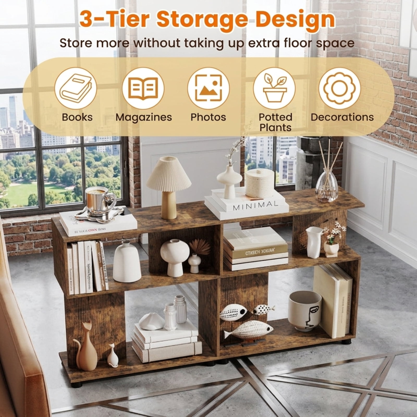 Furnibear 3-Tier Modern S-Shaped Bookshelf with Reversible Design Adjustable Feet and Anti-Tipping Kits for Living Room and Study, Rustic, Brown