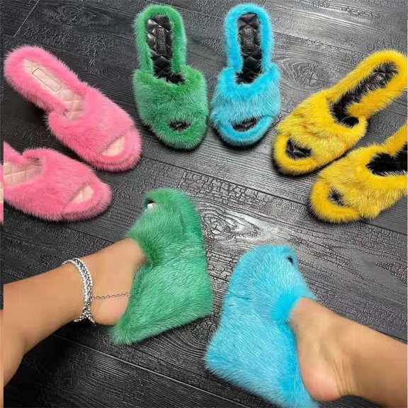 Jacenvly 2024 New Furry Slippers Thick Soled Wedges Ladies Fashion Outdoor Slippers Black Sandals for Women