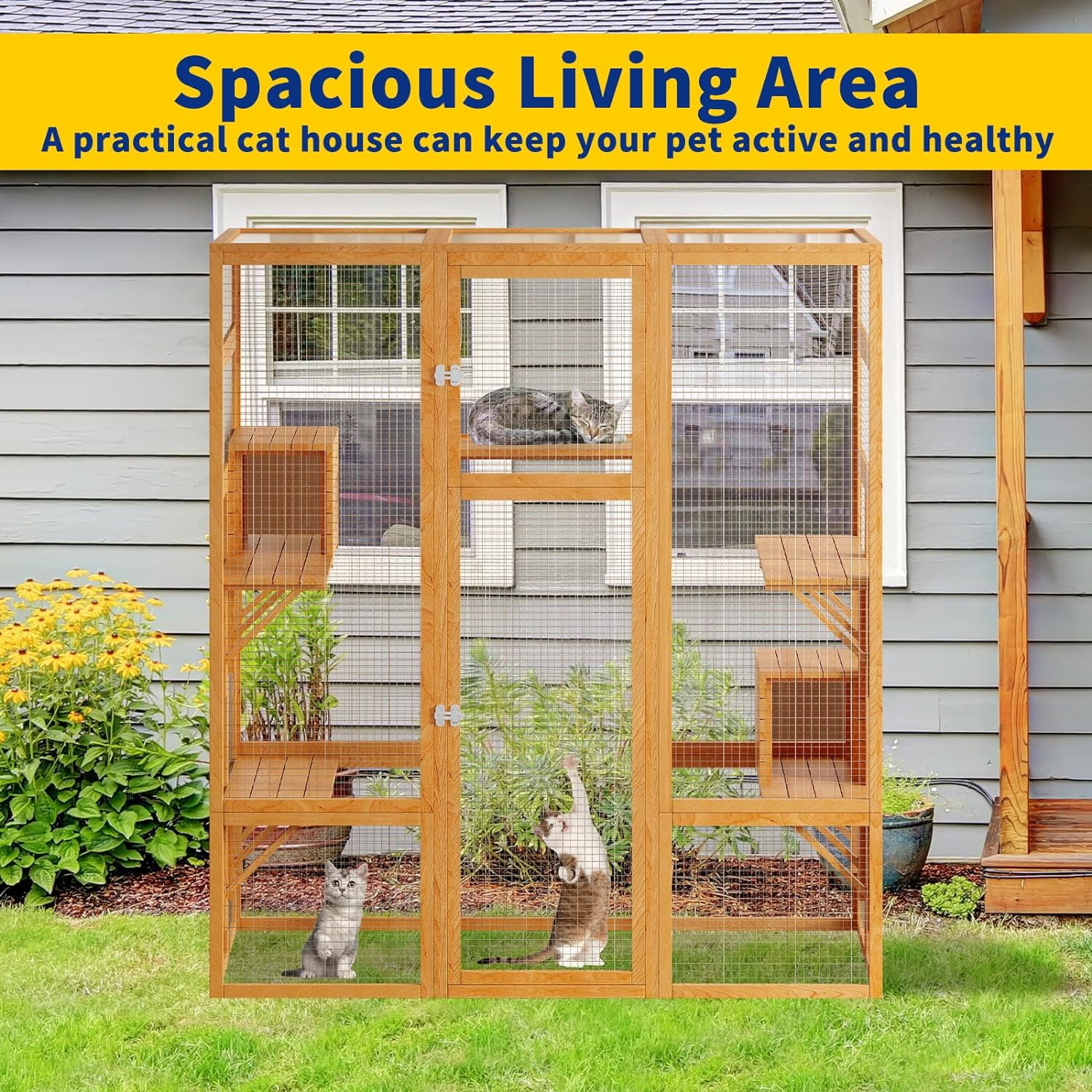 Akaber Large Outdoor Cat Enclosures with 7 Platforms & 2 Resting Rooms, Fir Wood Catio House with Waterproof UV Protection Roof, Indoor Outdoor Cat Furniture