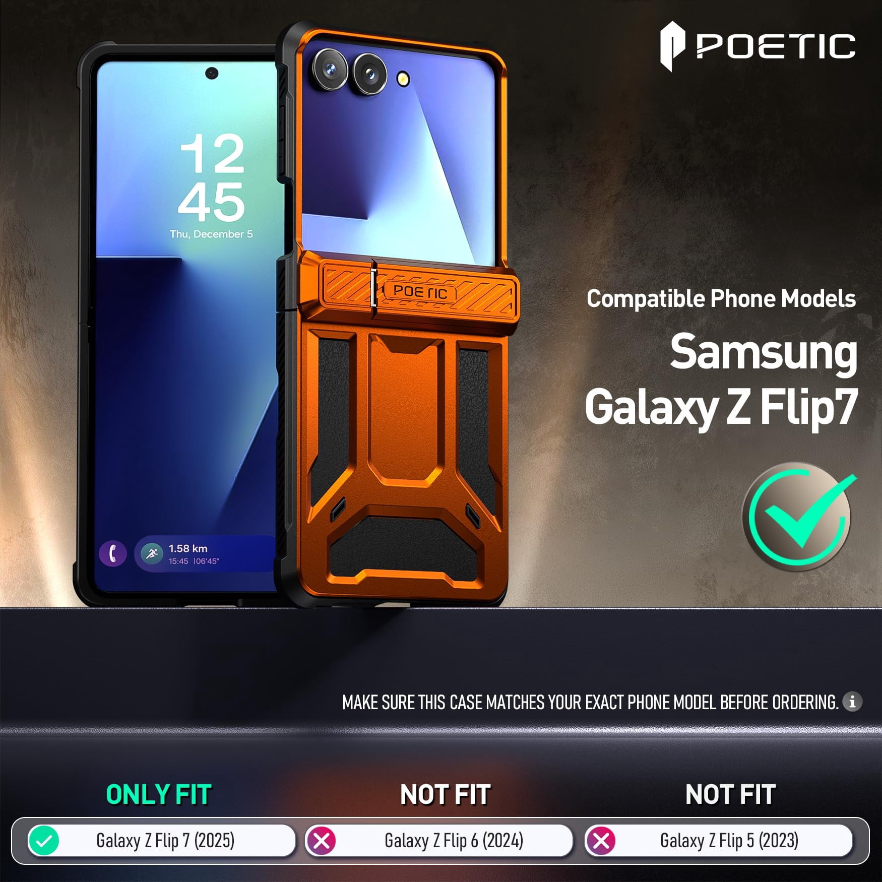 Poetic Spartan for Samsung Galaxy Z Flip 7 Case, [Kickstand] [Hinge Protection] [20FT Mil-Grade Drop Tested], Full-Body Rugged Shockproof Protective Phone Cover for Galaxy Z Flip7, Metallic Orange