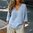 thumbnail image 2 of Oversized Tshirts for Women Casual V Neck 3/4 Sleeve Linen Blouse Loose Fit Solid Color Blue Summer Tops for Women, 2 of 5