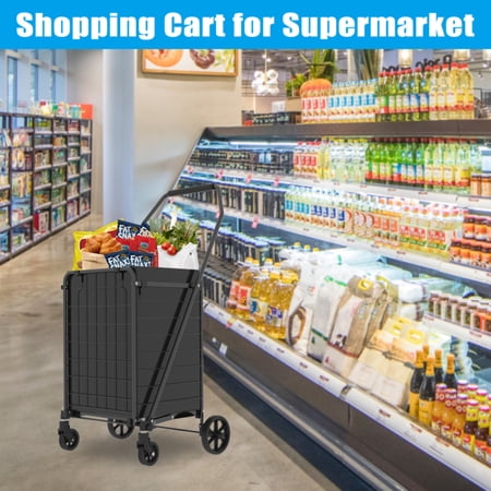 Shelf Grocery Cart On Wheels Foldable Utility Shopping Carts With Double Basket And 360° Rolling Swivel Wheels For Groceries Laundry