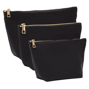 3 Piece Black Makeup Bag Set for Women, Nylon Zipper Cosmetic Pouch Organizers for Travel, Toiletries (3 Sizes)
