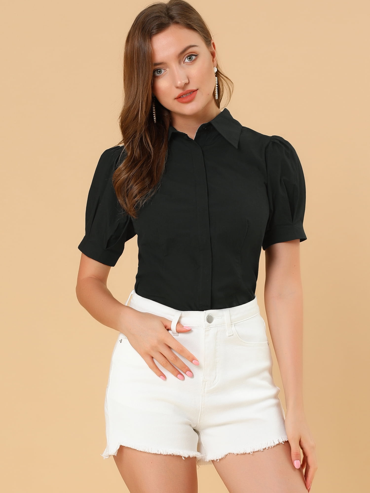 DARING DIVA Women's Puff Sleeve Point Collar Essential Office Shirt M Black