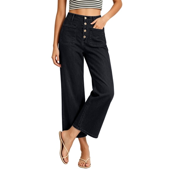 Tqcoqu Women's High Waist Multi Button Front Patch Pocket,Cropped Flare Jeans Solid Vintage Wash Denim Capri Pants,Black Women's XS-XL