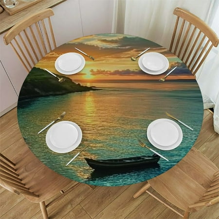 

Sheronv Sunset Beach Boat Round Table Cover Stain Resistant & Washable Indoor Outdoor Tablecloth Kitchen Dining Wedding Parties 100% Polyester Waterproof Fabric Table Cloth 46 -50