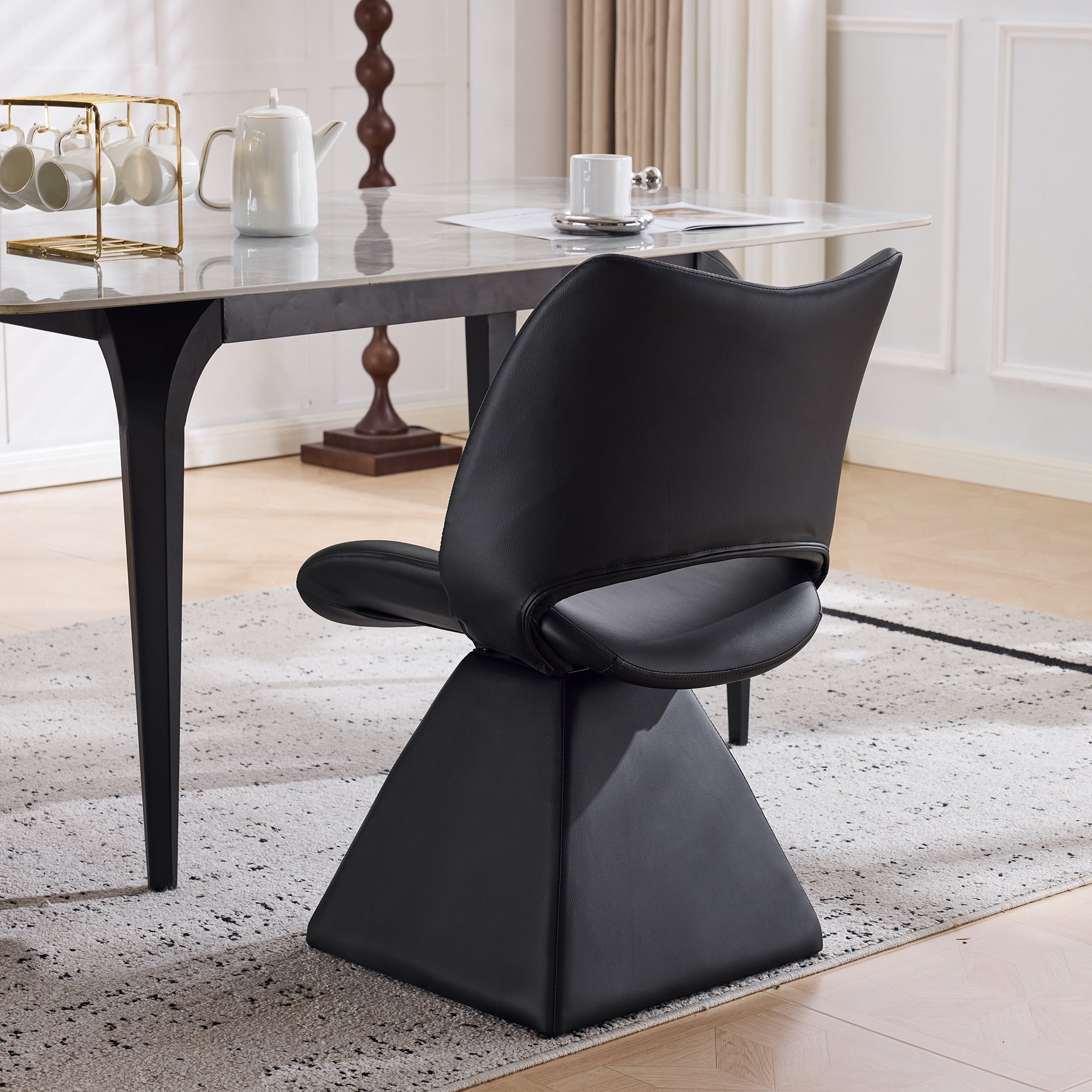 HOQBN Modern Swivel Dining Chair with Faux Leather, 360-Degree Upholstery Dining Chair with High Curved Back for Kitchen, Dining Room,Black
