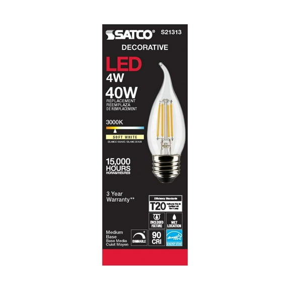 SATCO S21313 4W 120V CA10 3000K 350 Lumen LED E26 Medium Base Light Bulb Dimmable (6 Pack)