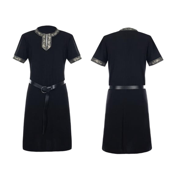 Viking Short Sleeve Medieval Tunic, Short Sleeve Medieval Viking Tunic, Gold Embroidery Collar Renaissance Warrior Costume Top With Belt, Multi Color Larp Cosplay Shirt, Black L