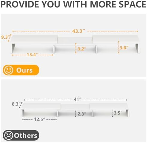 Dual Monitor Stand Riser, Computer Monitor Stands for 2 Monitors, Extra Long Multifunctional Desktop Organizer Riser for Computer, Laptop, PC, Printer, TV, Max 43.3" Length, White