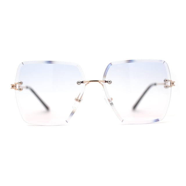 Womens Rimless Luxury Fashion Bevel Edge Rectangle Sunglasses Gold Blue Pink