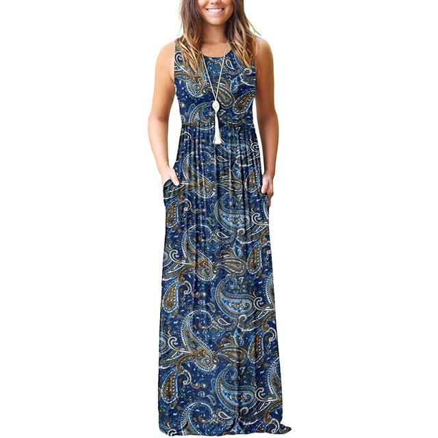 Vestido largo suelto sin mangas de verano para mujer Vestido largo casual con bolsillos Adepaton FSHY034-225