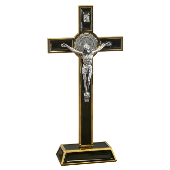 8" Standing St. Benedict Crucifix with Gold-Tone Trim and Black Enamel Inlays