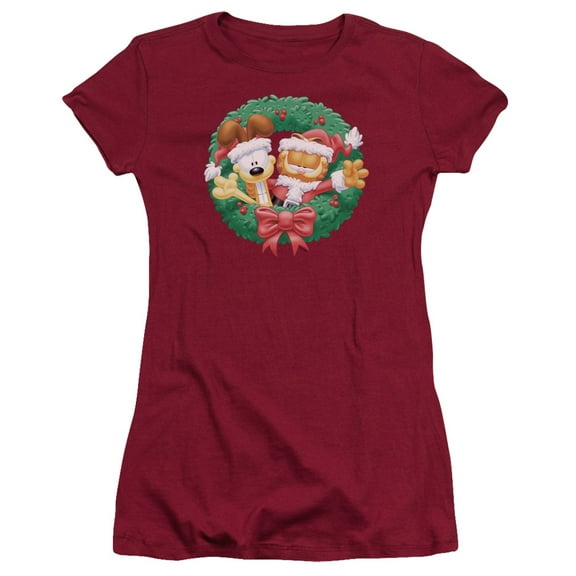 Garfield Christmas Wreath S/S Junior Women's T-Shirt Sheer Cardinal