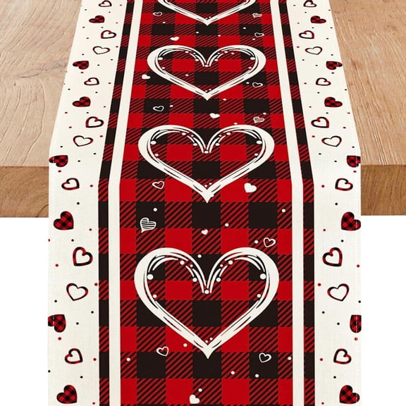 Plaid Love Hearts Valentines Table Runner 13 x 90 Inch, Wedding Seasonal Holiday Anniversary Decoration for Indoor Home Party