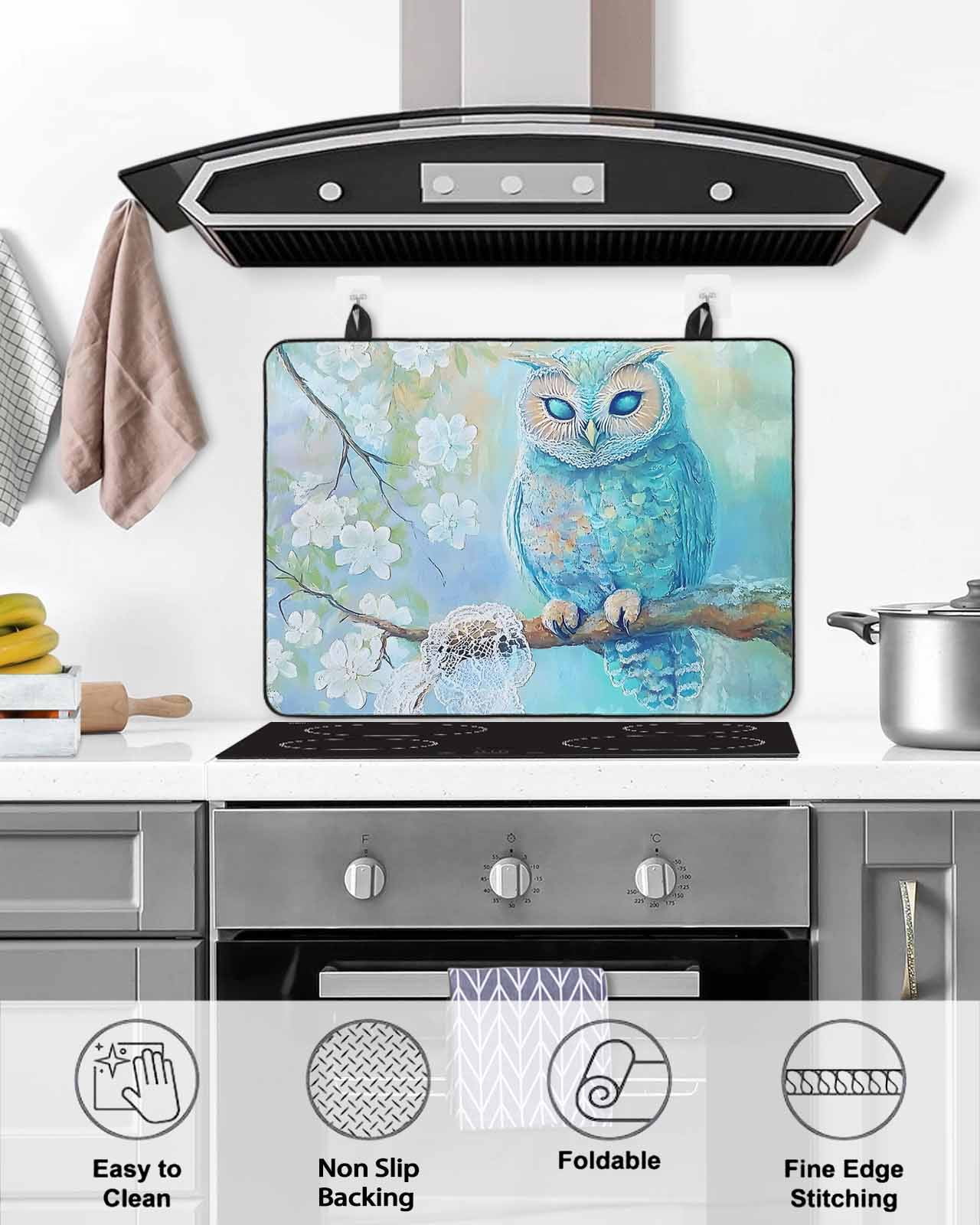 nqOlkjepod Large Induction Cooktop Protector Mat 36"x21", Teal Blue Owl Stove Top Covers for Electric Stove, Modern Flowers Birds on Branch Decorative Stove Burner Cover Mats, Glass Top Stove Cover
