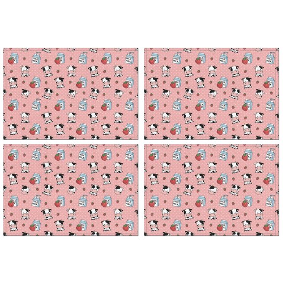 Pink Cow Milk Strawberry Pattern Summer Placemats Table Placemats Set Of 4-Linen Kitchen Washable Placemats Table Mats 11.8"x17.7" Non-Slip Heat Resistant