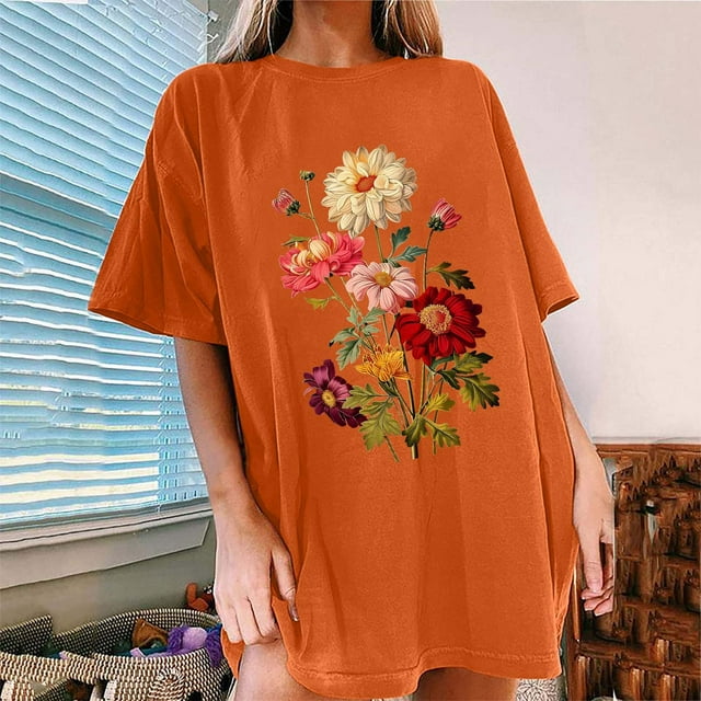 LOVZFMLL Women's Summer Tops Floral Pattern Short Sleeved Round Neck Drop Shoulder Sleeve T-shirt Top