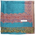 thumbnail image 4 of Falari Women's Pashmina Shawl Wrap Border Pattern Double Layered Scarf Light Turquoise, 4 of 4