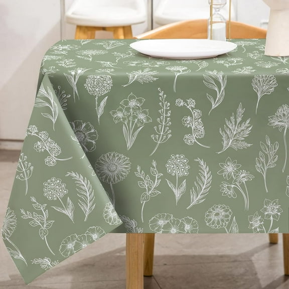 Green Plants Tablecloth 60x102 Inch Rectangle Sage Wildflowers Table Cloth Washable Floral Herbs Table Cover for Seasonal Spring Summer Home Kitchen Picnic Decoration Supplies