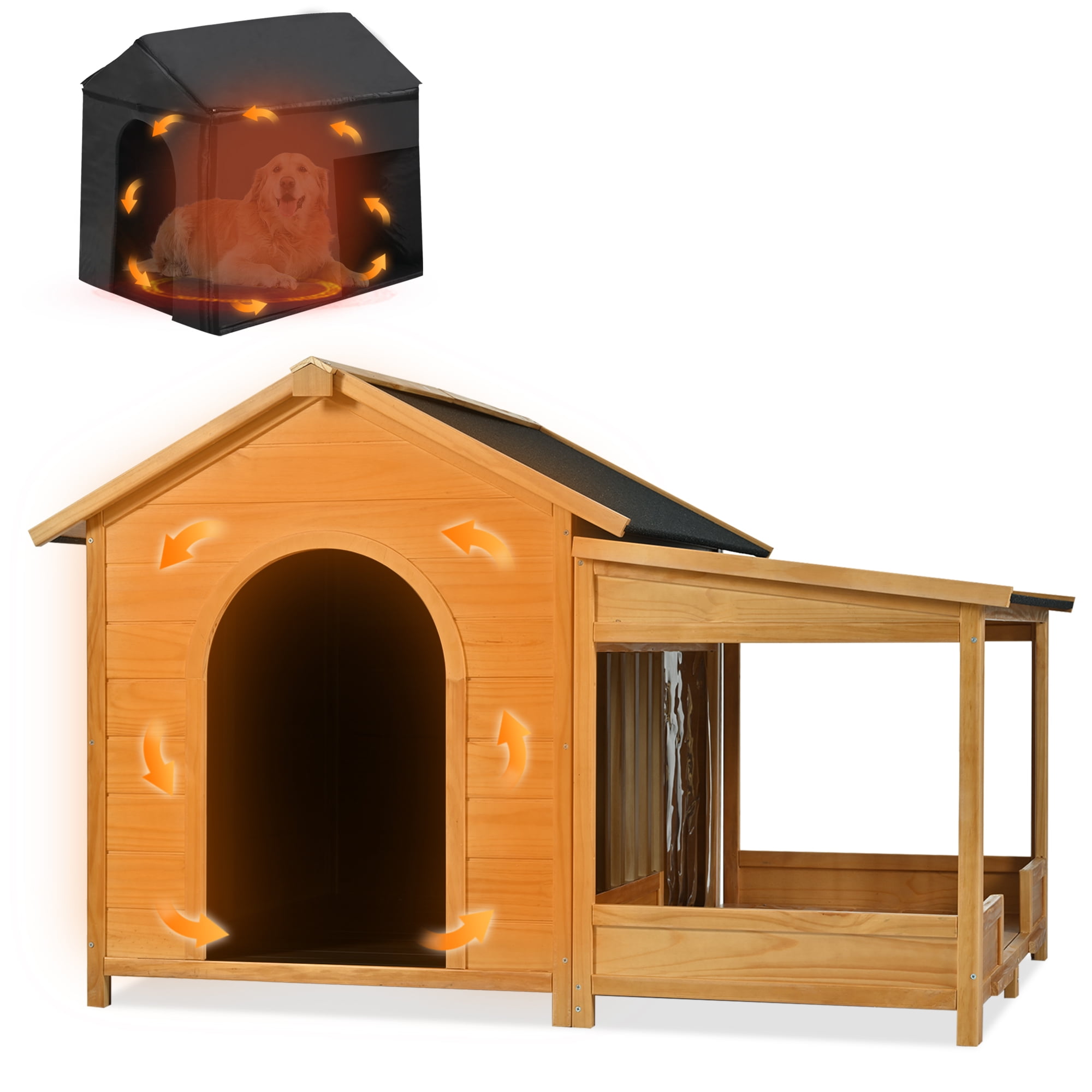 Large Outdoor Dog House with Insulated Liner, 60.2" Weatherproof Dog Kennel with Porch & Asphalt Roof for Medium/Large Dogs up to 120lbs, Natural