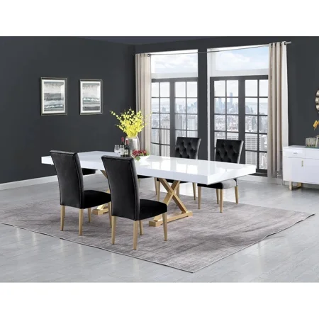 5Pc Modern Dining Room Set Lacquer Wood Expandable Dining Table with Velvet Tufted 4 Side Chairs Set Black