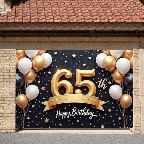 Golden Glitter Happy 65th Birthday Banner Shiny Stars 65th Birthday Display Balloon Decor Ribbon Accent Birthday Party Backdrop for 65th Birthday Party Milestone Celebration Indoor Decoration
