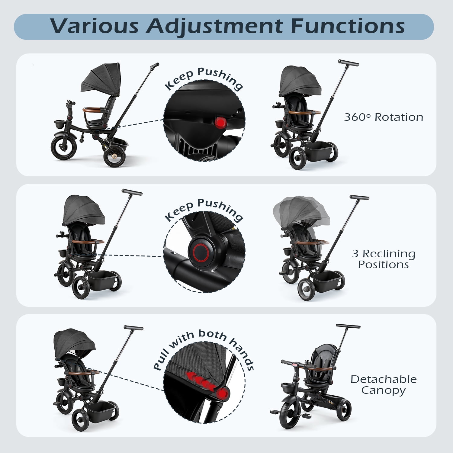 JoyStone 7 in 1 Foldable Tricycle Stroller for Toddler, Baby Tricycle with Adjustable Canopy, Parent Handle, Removable Pedals, Seat Belt and Storage Basket, Kids Bike for Ages 1-6 Boys & Girls, Black