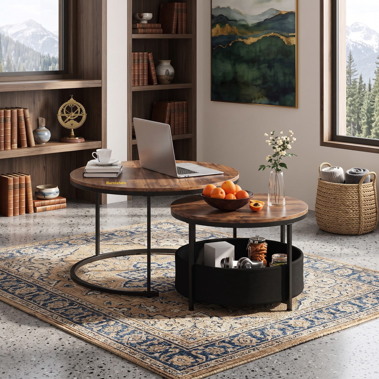 Furnibear Round Coffee Table Set of 2, Nesting Circle Cocktail Tables with Storage Basket, Metal Frame X-Base Living Room End Side Tables for, Rustic Gray & Black