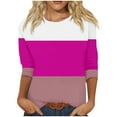 thumbnail image 2 of CLOISE Tops for Women Fall Fashion Striped Tops Scoop Neck 3/4 Sleeve Shirts Comfy Colorblock Basic Blouses Y2k Outfits Hot Pink 2XL, 2 of 6