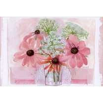 Pictura Four Pink Flowers in Clear Vase Feminine Birthday Card for Her / Woman
