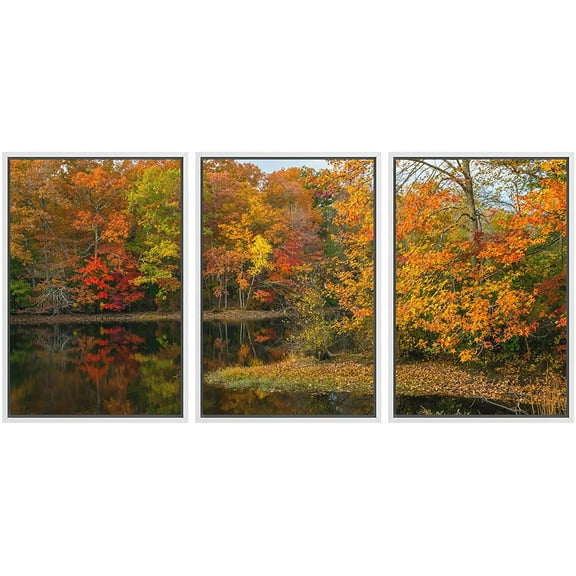 wall26 - 3 Piece Framed Canvas Wall Art - Colorful Autumn Reflections on This Pond in Allaire State Park in New Jersey. - Modern Home Art Stretched and Framed Canvas Ready to Hang - 24"x36"