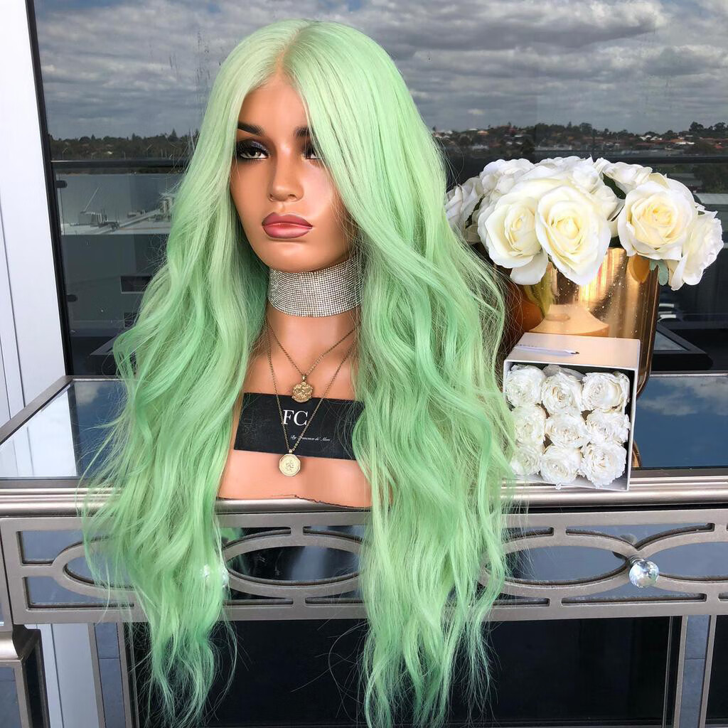 KAFEUPS Women's Fashion Wig Green Synthetic Hair Long Wigs Wave Curly