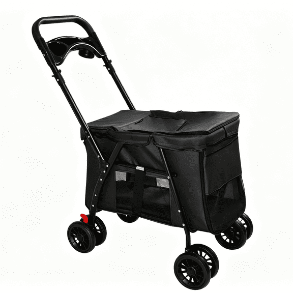 Pet Stroller, Foldable 4-Wheel Design, Breathable Mesh Dog Cat Stroller with Shockproof Wheels, Brake System, Storage Tray, 2 Fixed Safety Leashes, Large Space Pet Carrier for Small Medium Pets,Black